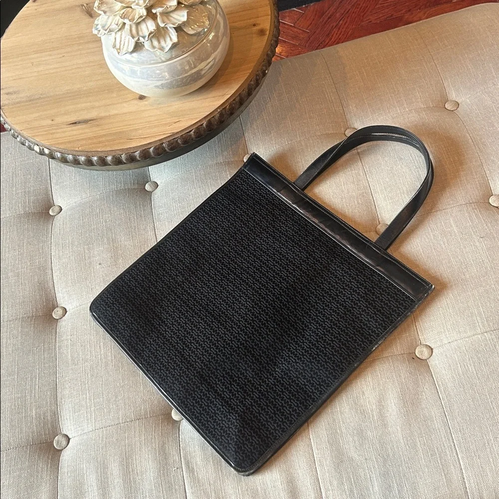 Vintage Mark Cross Black Monogram Canvas Portfolio Satchel Bag Leather Trimmed
